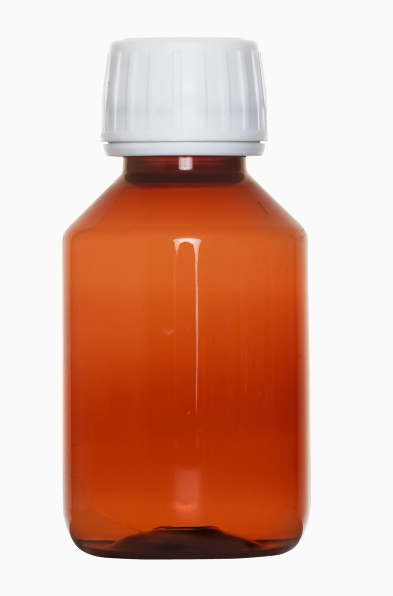 PET Rundflasche: 100 Milliliter, Farbe: braun transparent