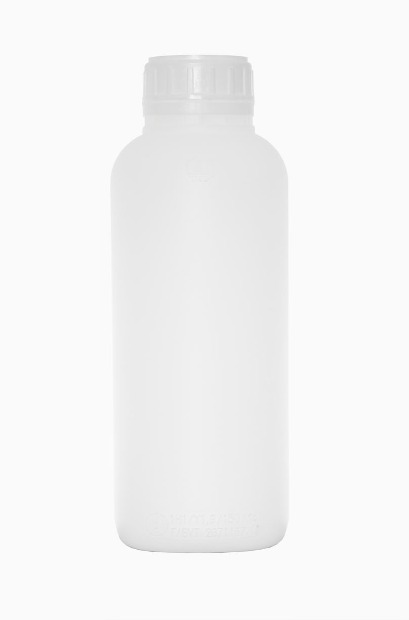 Kunststoff Rundflasche fluoriert: 1,0 Liter, Farbe: natur