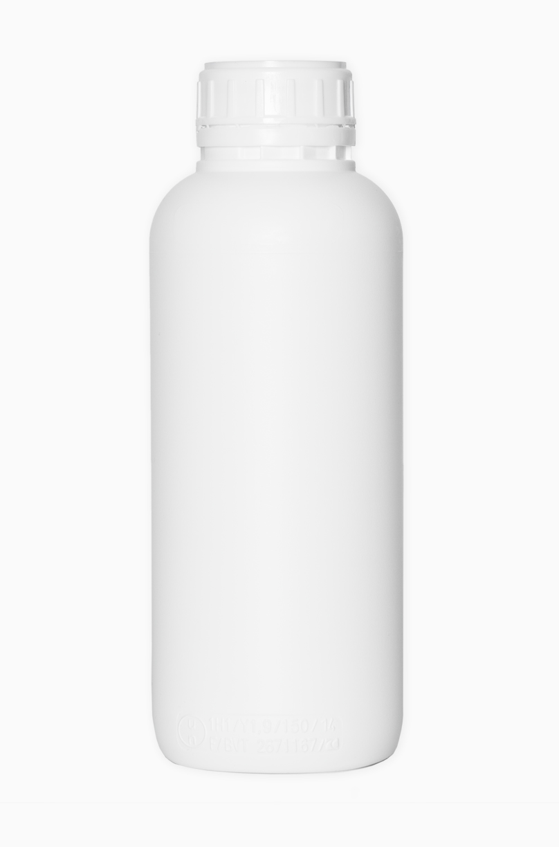 Kunststoff Rundflasche fluoriert: 1,0 Liter, Farbe: weiß
