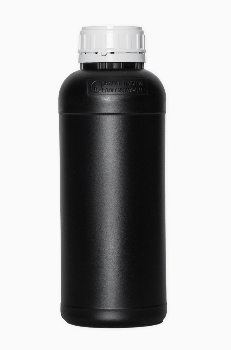 Kunststoff Rundflasche fluoriert: 1,0 Liter, Farbe: schwarz