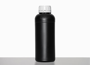 Kunststoff Rundflasche fluoriert: 1,0 Liter, Farbe: schwarz