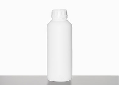 Kunststoff Rundflasche fluoriert: 1,0 Liter, Farbe: weiß